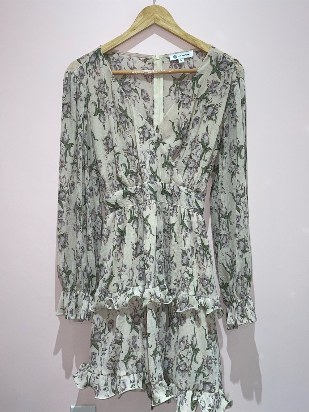 Sheer Floral Ruffle Long-Sleeve Mini Dress - Cream Green